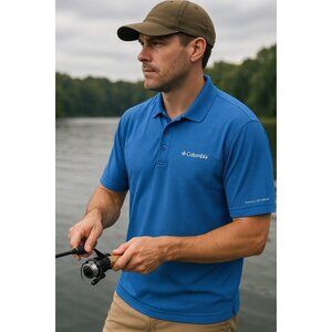 Columbia PFG Omni-Shade Polo Shirt L Blue UPF Fishing Performance Mens